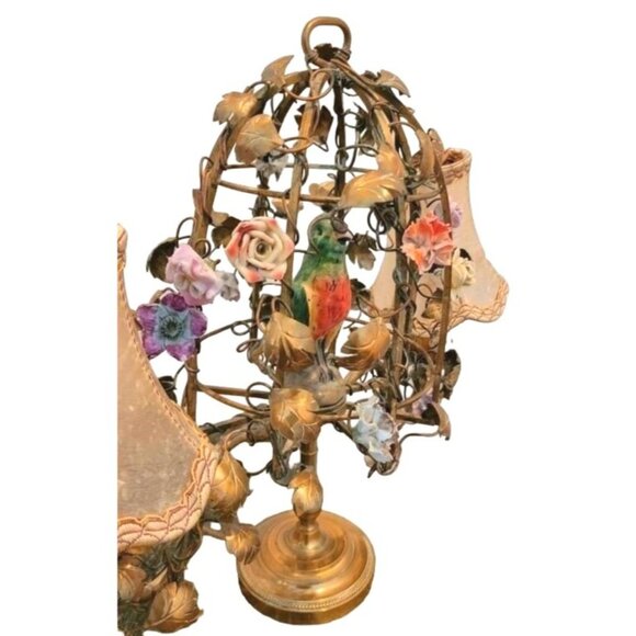 Antique French Tole 2 Arm Candelabra Bird Cage Lamp With Porcelain Flowers & Sil - Picture 6 of 6